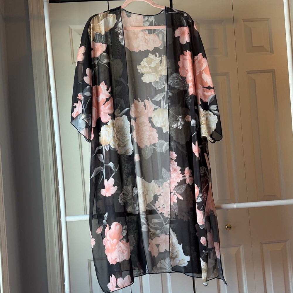 Sheer Floral Kimono with Pink and Black